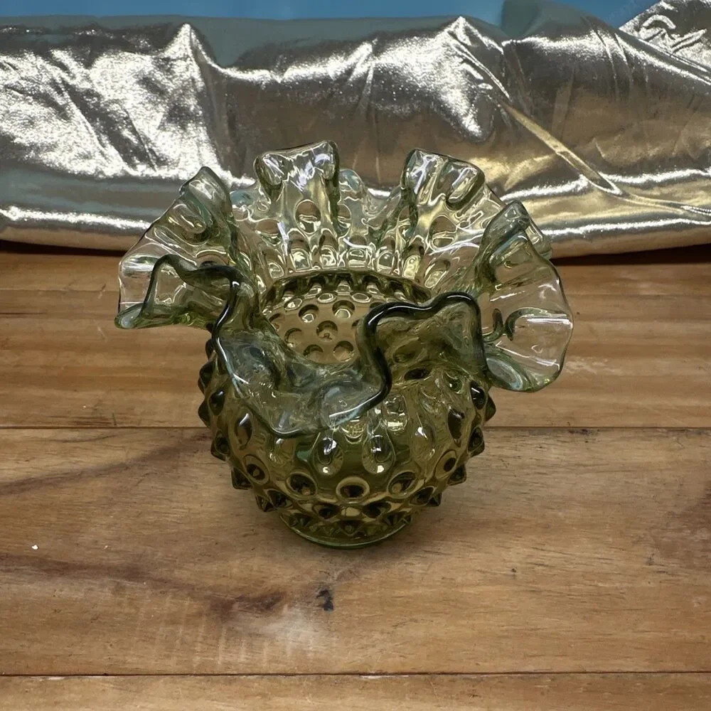 Vintage Fenton Olive Green Ruffled Edge Hobnail Vase 3